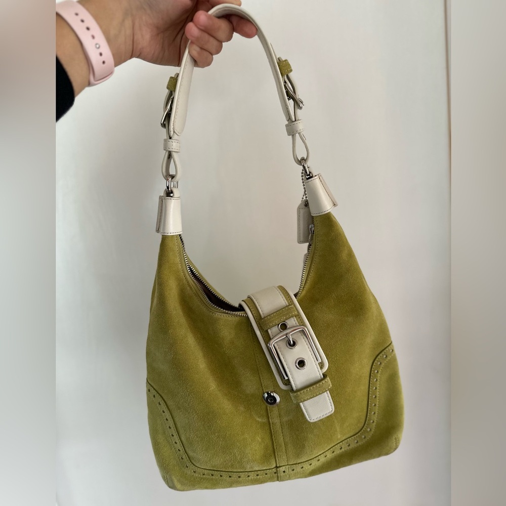 Coach Hampton Lime Green Suede (Cowhide) Buckle Medium Shoulder Bag
